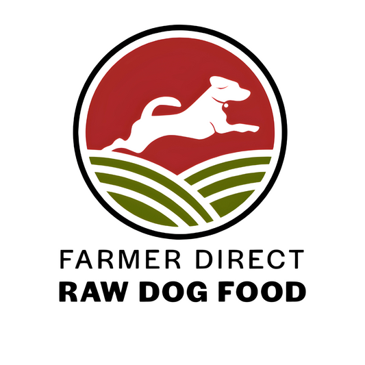 farmers direct dog food logo. red circle with white silhouette dog jumping over green lines representing grass