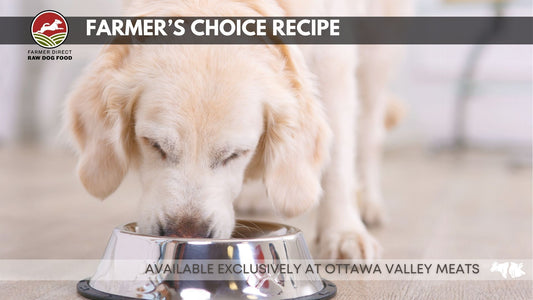 A dog eating from a bowl with the text 'FARMER'S CHOICE RECIPE' on the image.