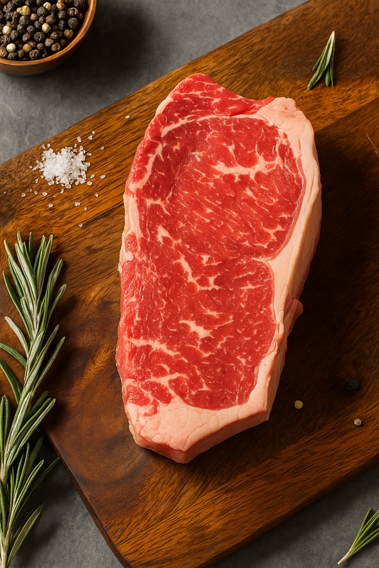 Raw steak on a wooden cutting board with rosemary and salt, on a gray surface.