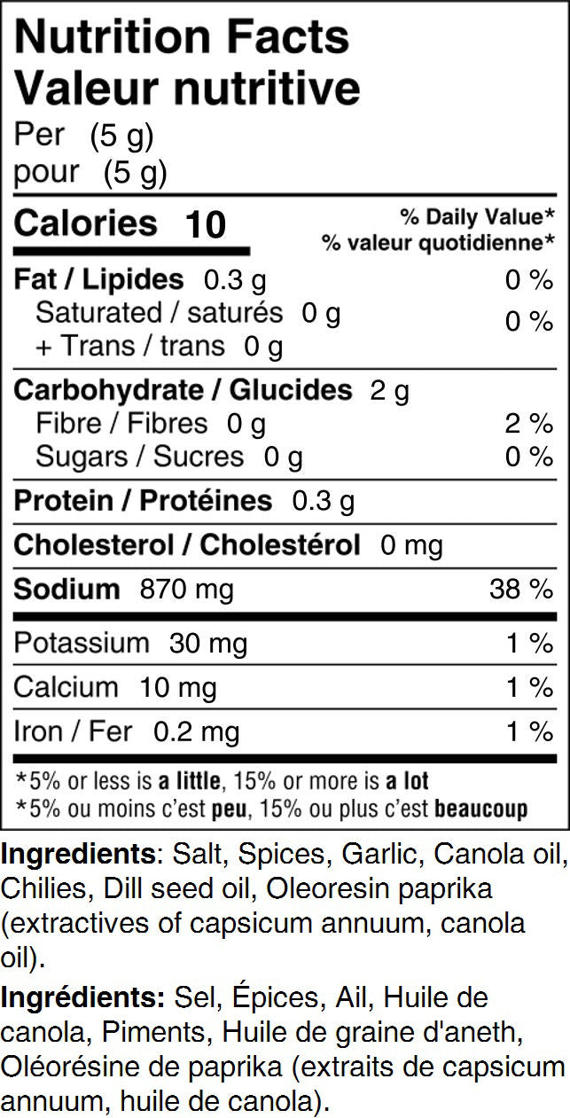 nutritional facts of montreal steak spice. 10 calories. 870 mg sodium per serving. 30 mg of patassium. 10 mg of calcium. ingredients include salt, speices, garlic, caonla oil, chilies, dill seed oil, paprika.