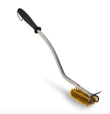A grill brush with a metal handle and black rubber grip, featuring a stainless steel grid scraper on the end with yellow bristles.